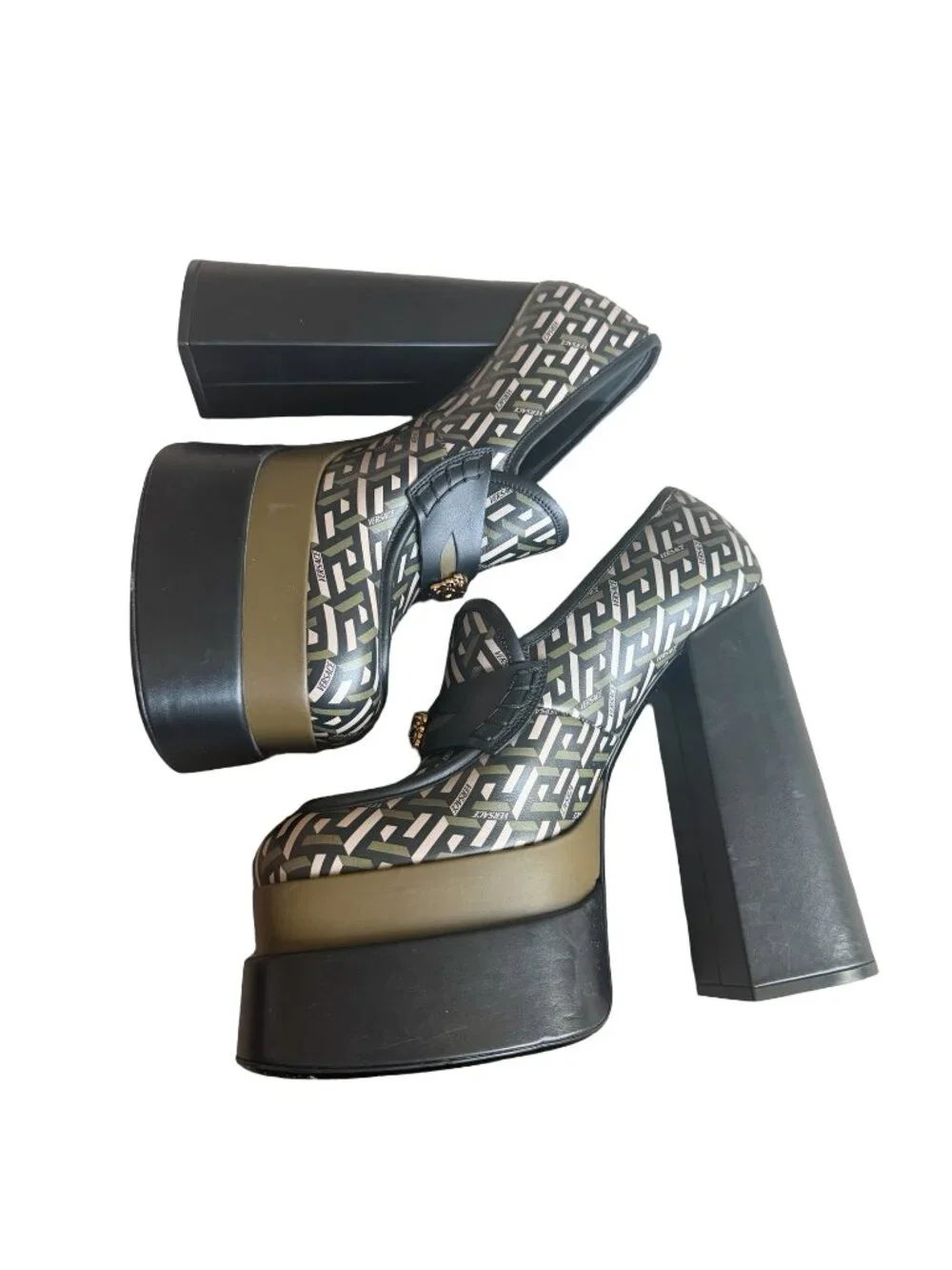 Versace La Greca Print Platforms Loafers Juno Gold Medusa Logo Designer Size 40
